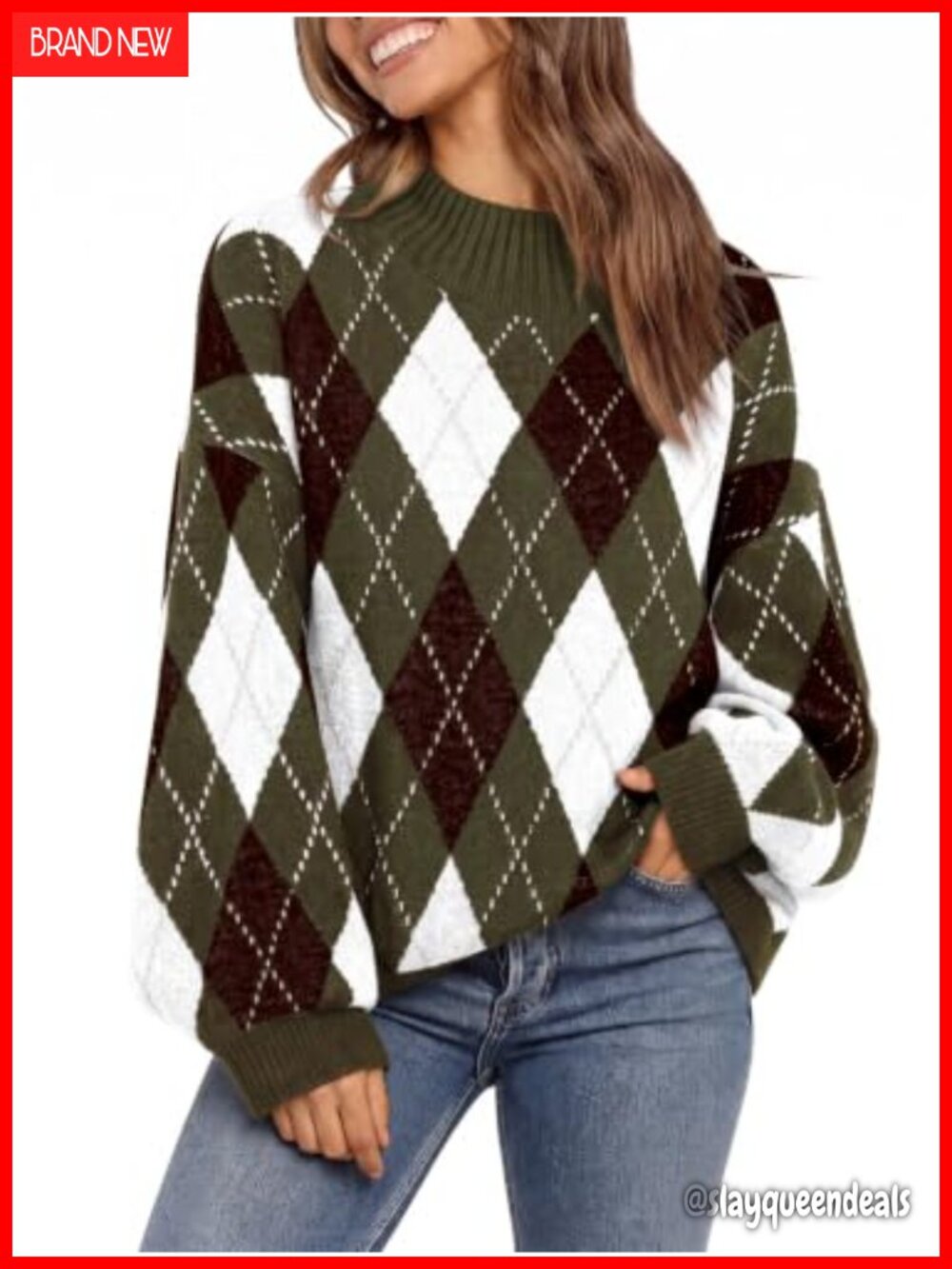 Oversized Argyle Chunky Knit Tunic Sweater Lantern Sleeve Pullover